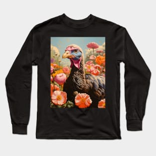 Retro Rustic Farm Turkey in the Flowers Long Sleeve T-Shirt